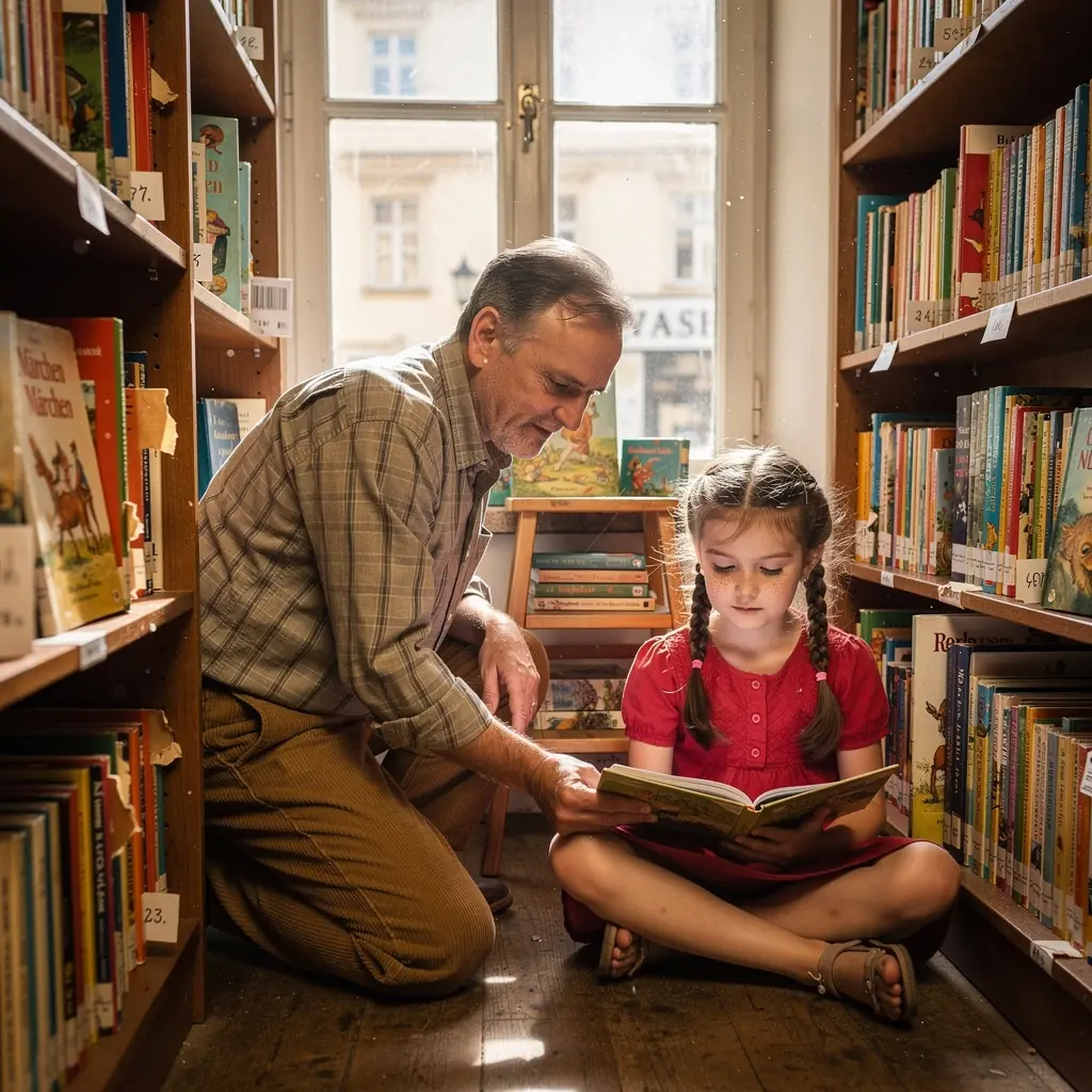 Ein gut sortiertes Bücherregal mit einer Auswahl an gebrauchten Romanen und Sachbüchern.