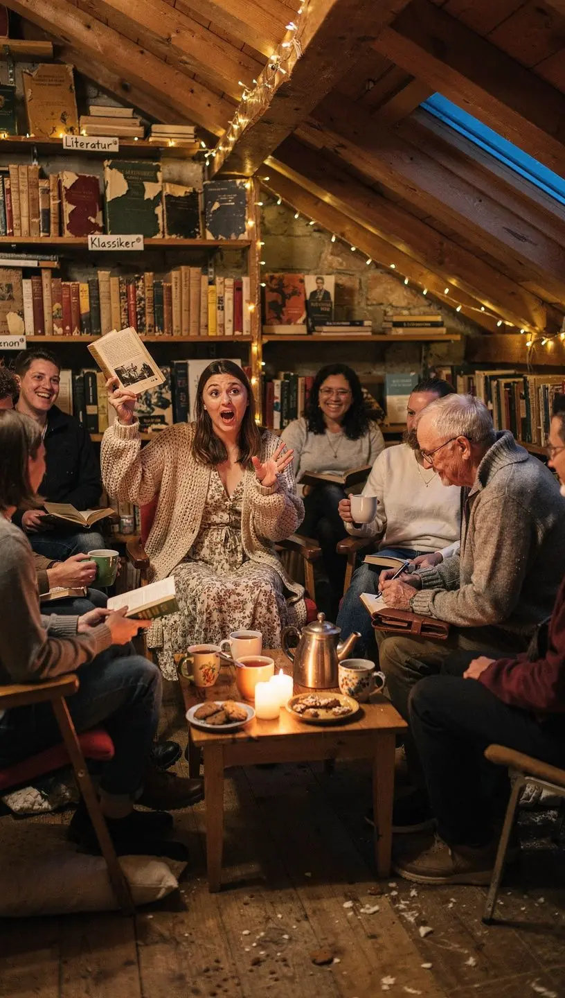 Ein freundlicher Buchladen mit Tischen, die mit preiswerten, gebrauchten Büchern dekoriert sind.