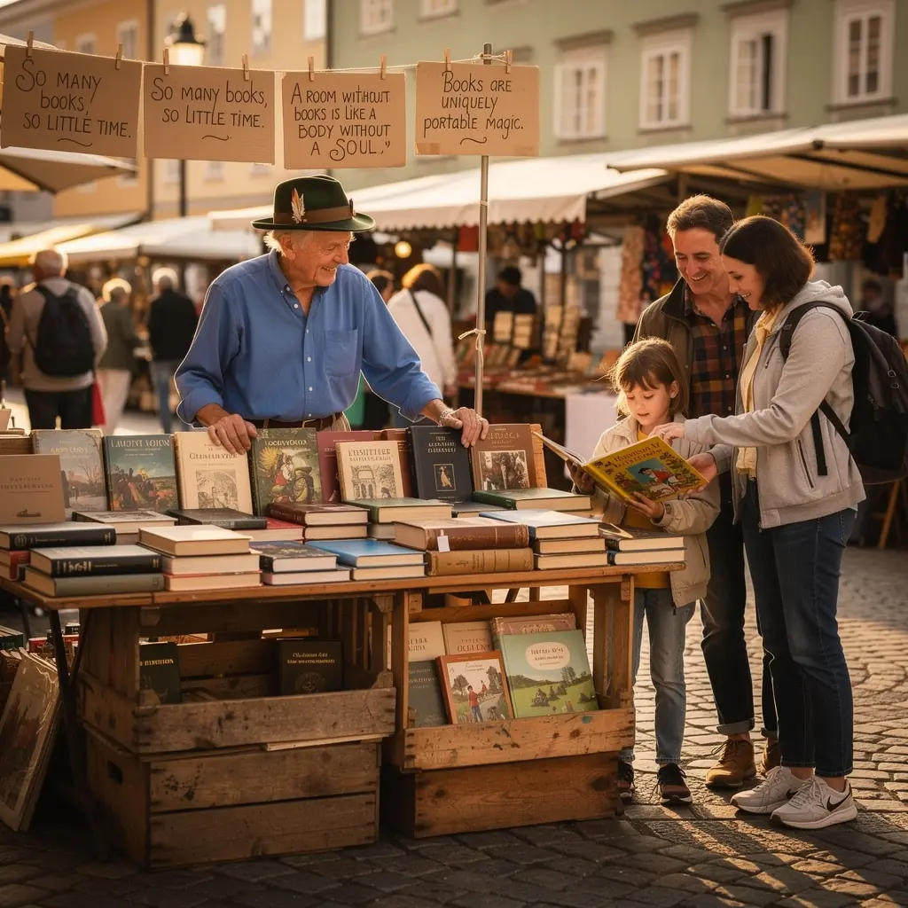 Ein Bücherregal voller hochwertiger, gebrauchter Literatur mit verschiedenen Genres und Autoren.
